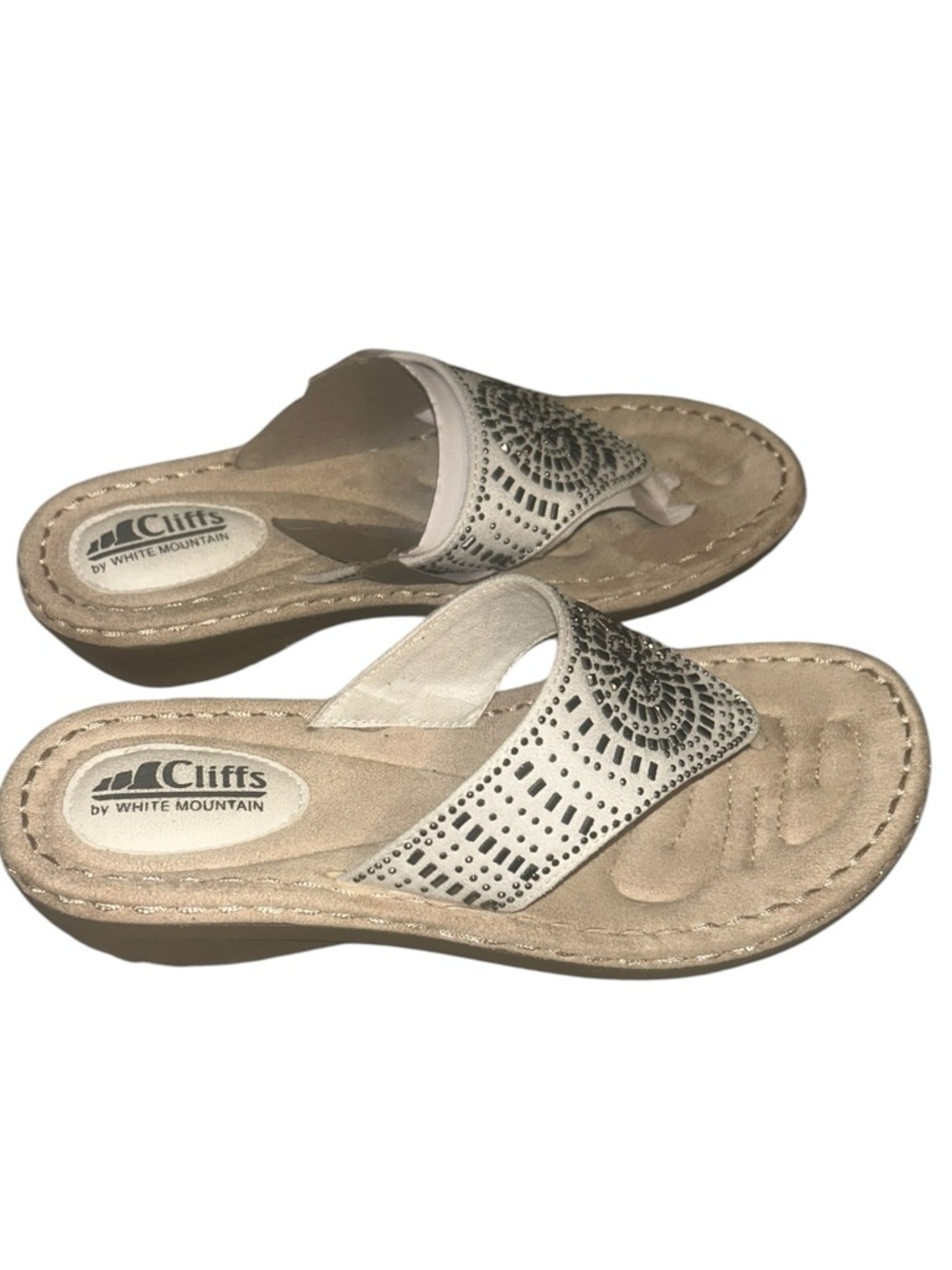 Cliffs by WHITE MOUNTAIN Beige Laser-Cut Slide Sandals with Stud Detail